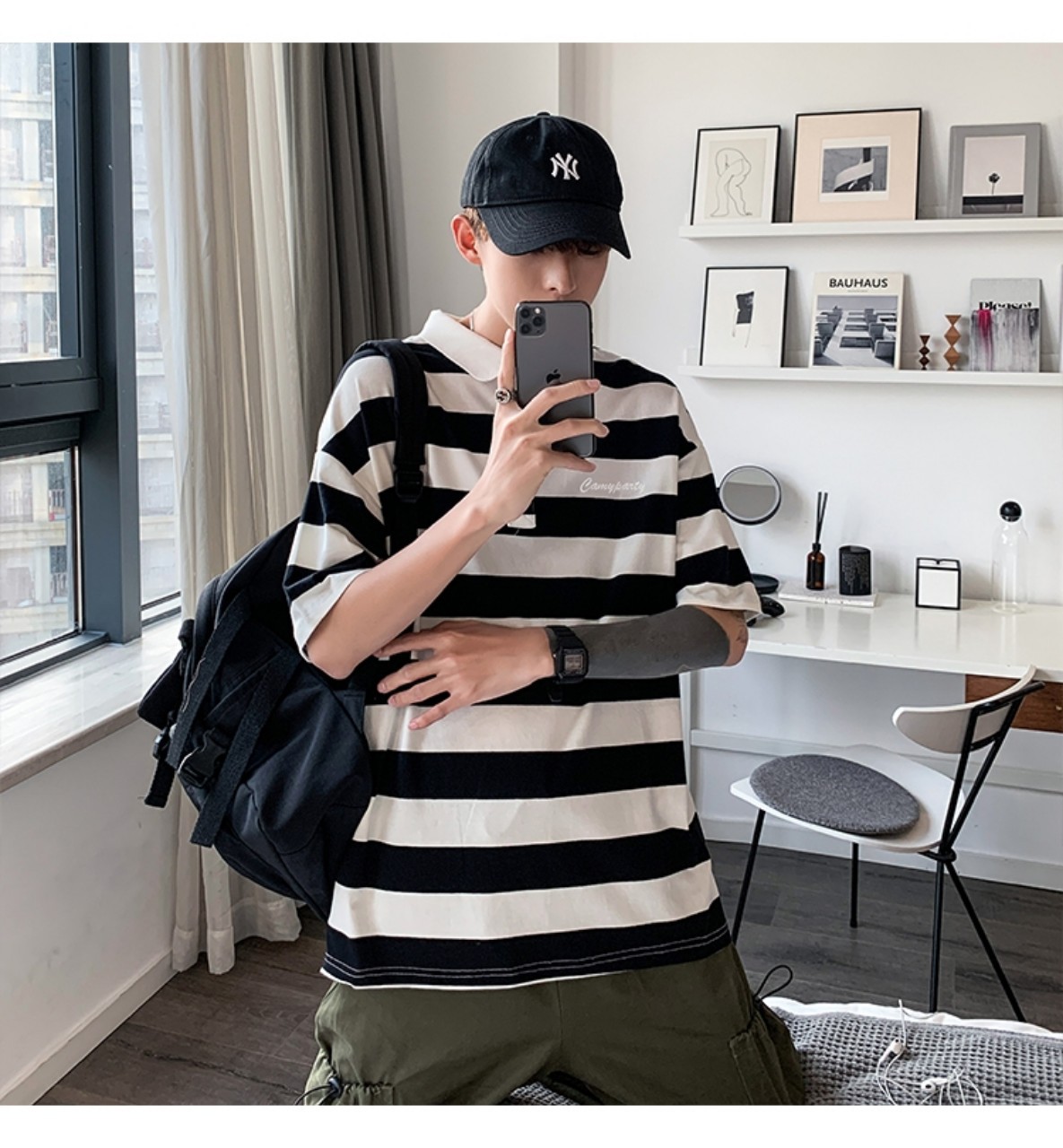 Áo polo nam nữ tay lỡ sọc ngang trắng đen, Áo thun polo unisex form rộng | BigBuy360 - bigbuy360.vn