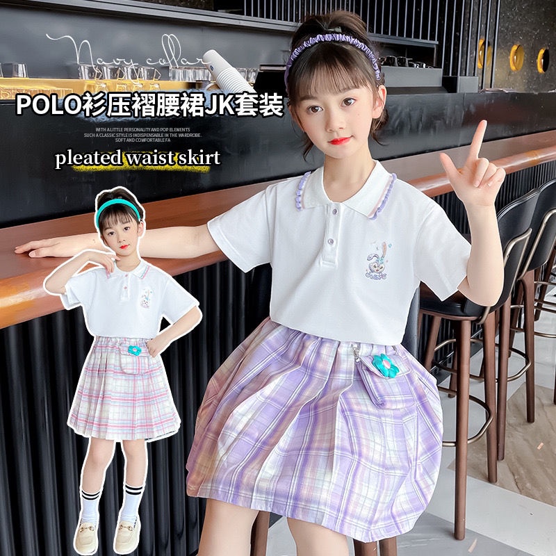 Set Áo Thun POLO Ngắn Tay + Chân Váy Xếp Ly Thời Trang Cho Bé Gái