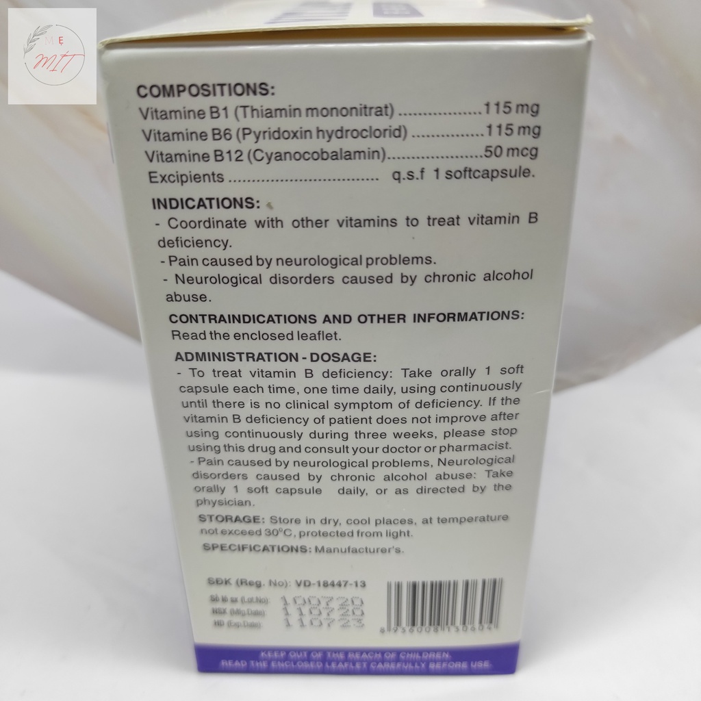 Vitamin 3B Vitamin B1-B6-B12 Bổ Sung Vitamin, Khoáng Chất HDPharma Hộp 10 vỉ