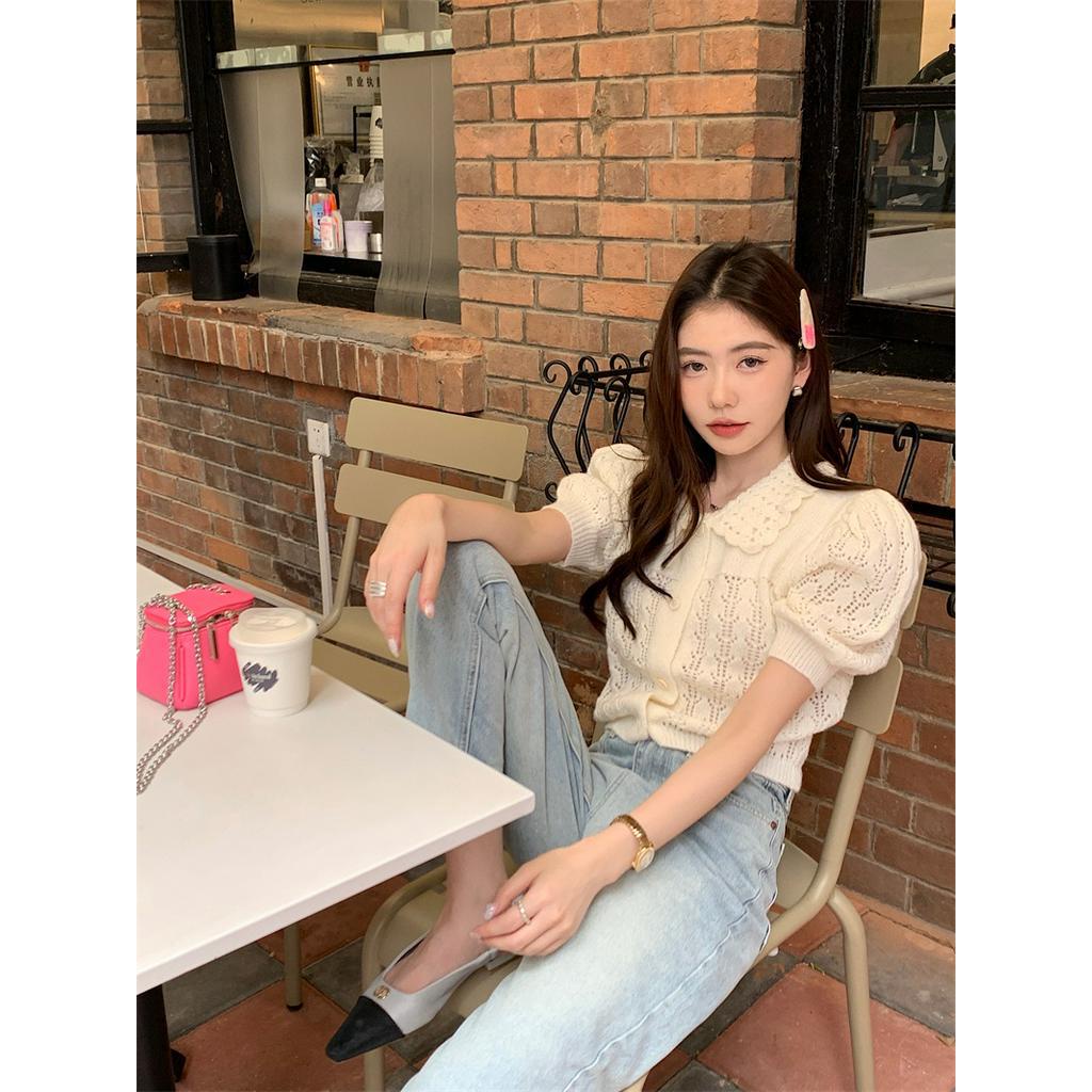 Áo Dệt Kim Cộc Tay Khoét Lỗ Màu Trắng Ngọt Ngào 61826