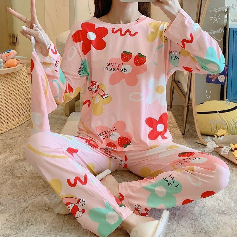 Set thun dài tay nữ nhiều họa tiết - Bộ đồ ngủ quần suông áo phông thu đông in hình bánh bèo pijama mặc ở nhà