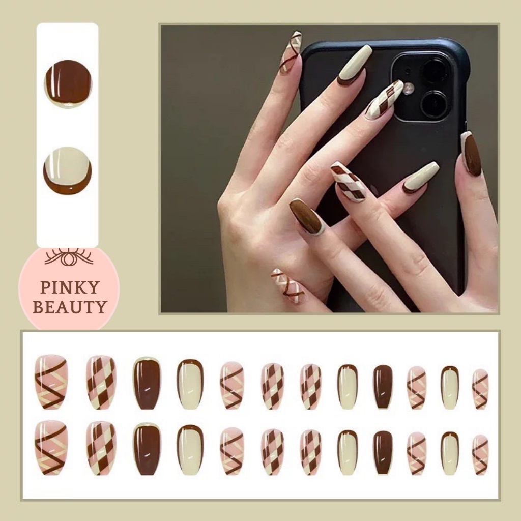 [Phụ Kiện Tặng Kèm 3 Món]Móng Tay Giả Kèm Keo Bộ 24 Móng Pinky Beauty Trang Trí Nail Nghệ Thuật, Họa Tiết Độc Đáo Cho Nữ