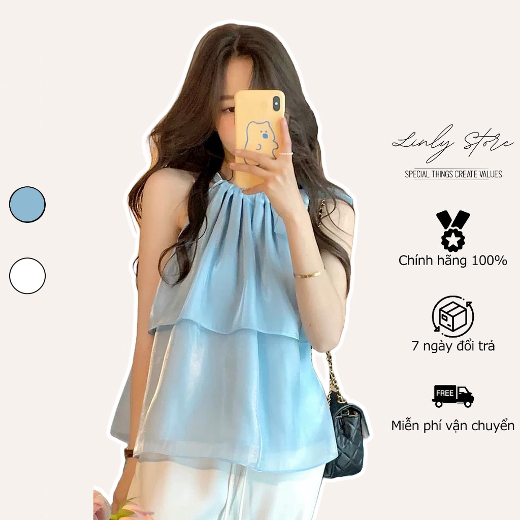 Áo cổ yếm nữ cột nơ hở vai Linly Store chất tơ ánh A-TAN