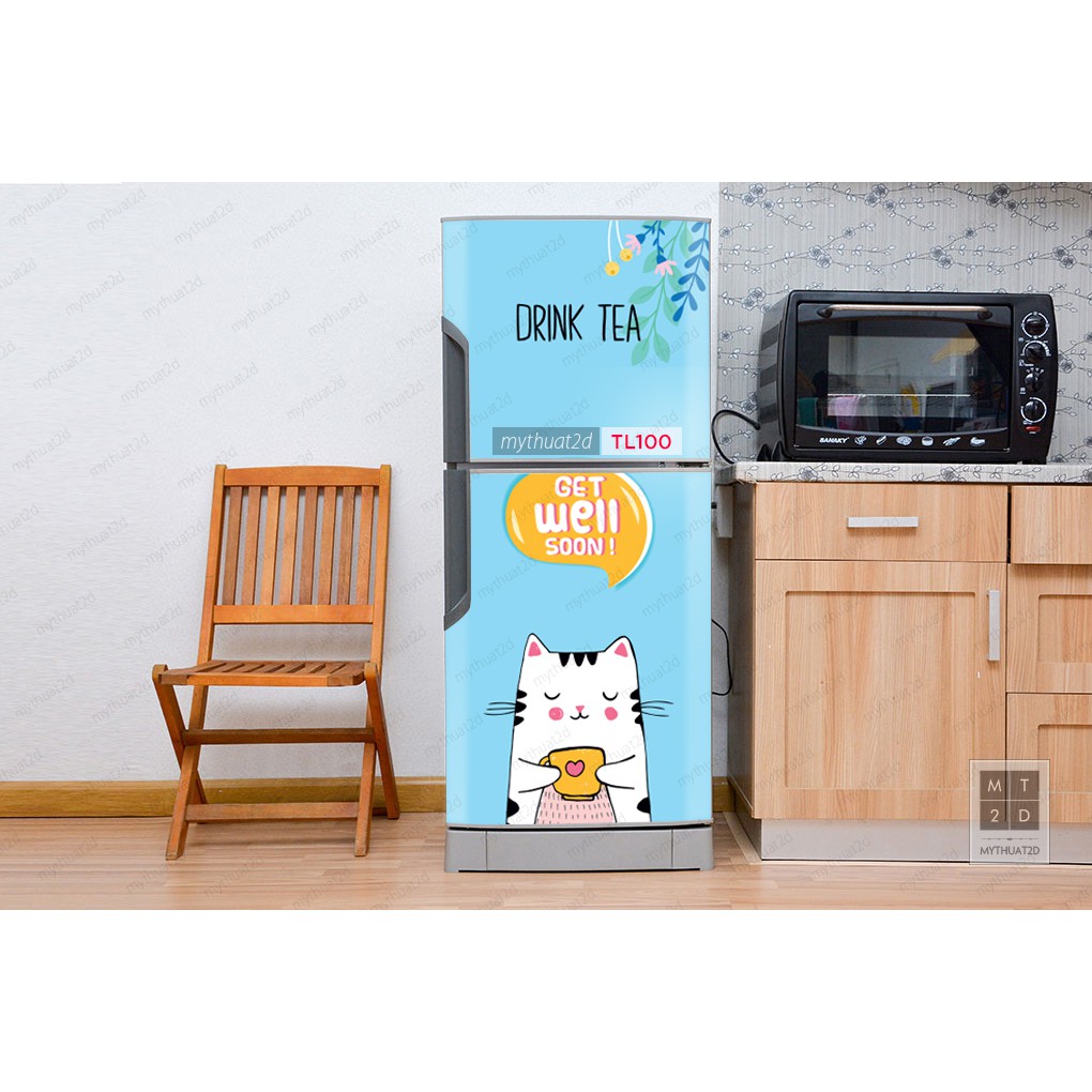 Decal dán tủ lạnh chống thấm loại tốt mẫu Mèo Drink Tea - mã TL100