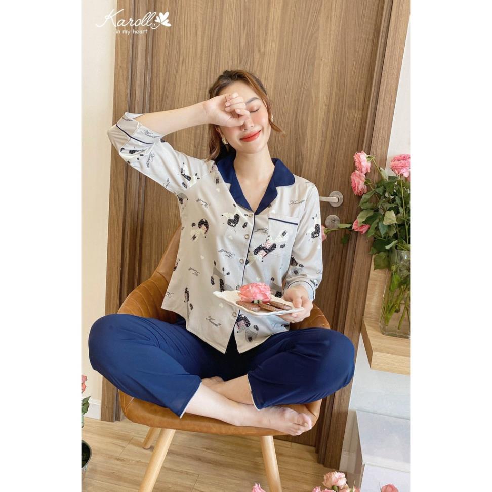 SALE Bộ đồ mặc nhà Karoll. SET đồ ngủ chất lụa cát hàn cao cấp mềm mịn họa tiết lông chó xù dễ thương, dáng dài