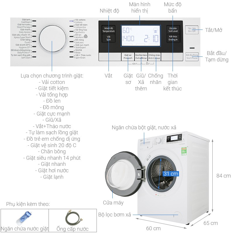 Máy giặt 10kg Beko Inverter WY104764MW cửa ngang