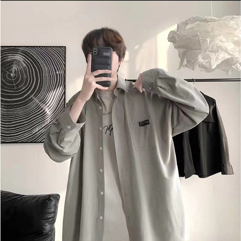 Áo sơ mi màu trơn tay dài dáng rộng cổ bẻ phong cách Hàn Quốc thời trang xuân thu cho nam