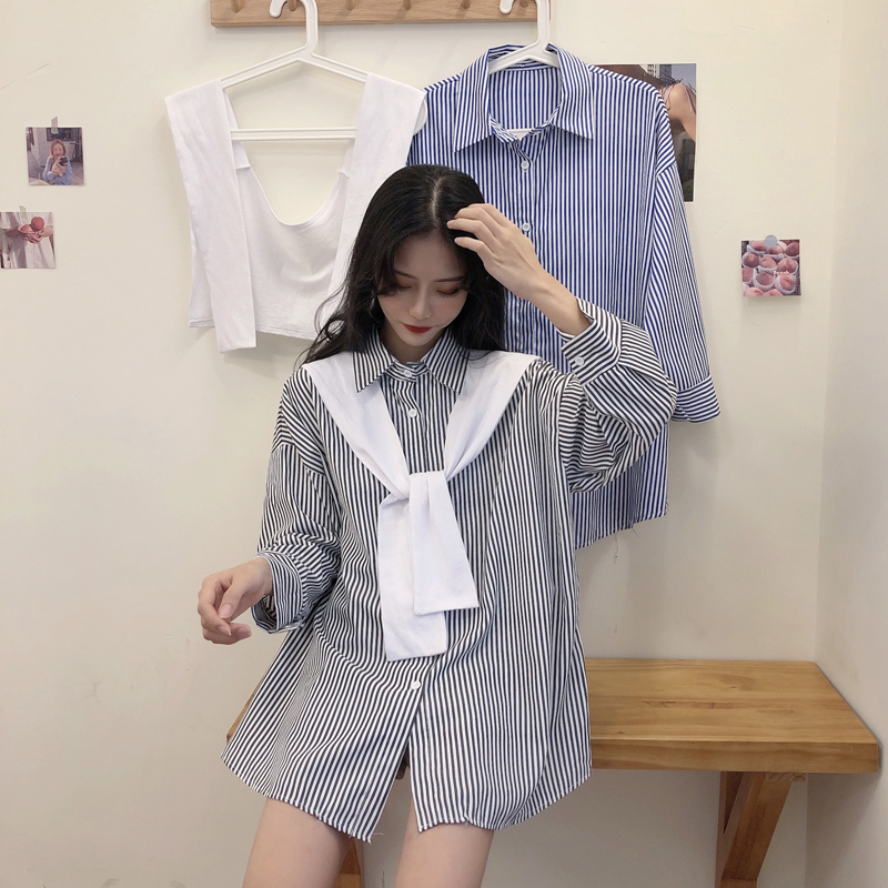 Áo Sơ Mi Dáng Rộng Họa Tiết Kẻ Sọc Phối Khăn Phong Cách Vintage Nhiều Màu Sắc Hàng Loại 1 Chất Đẹp