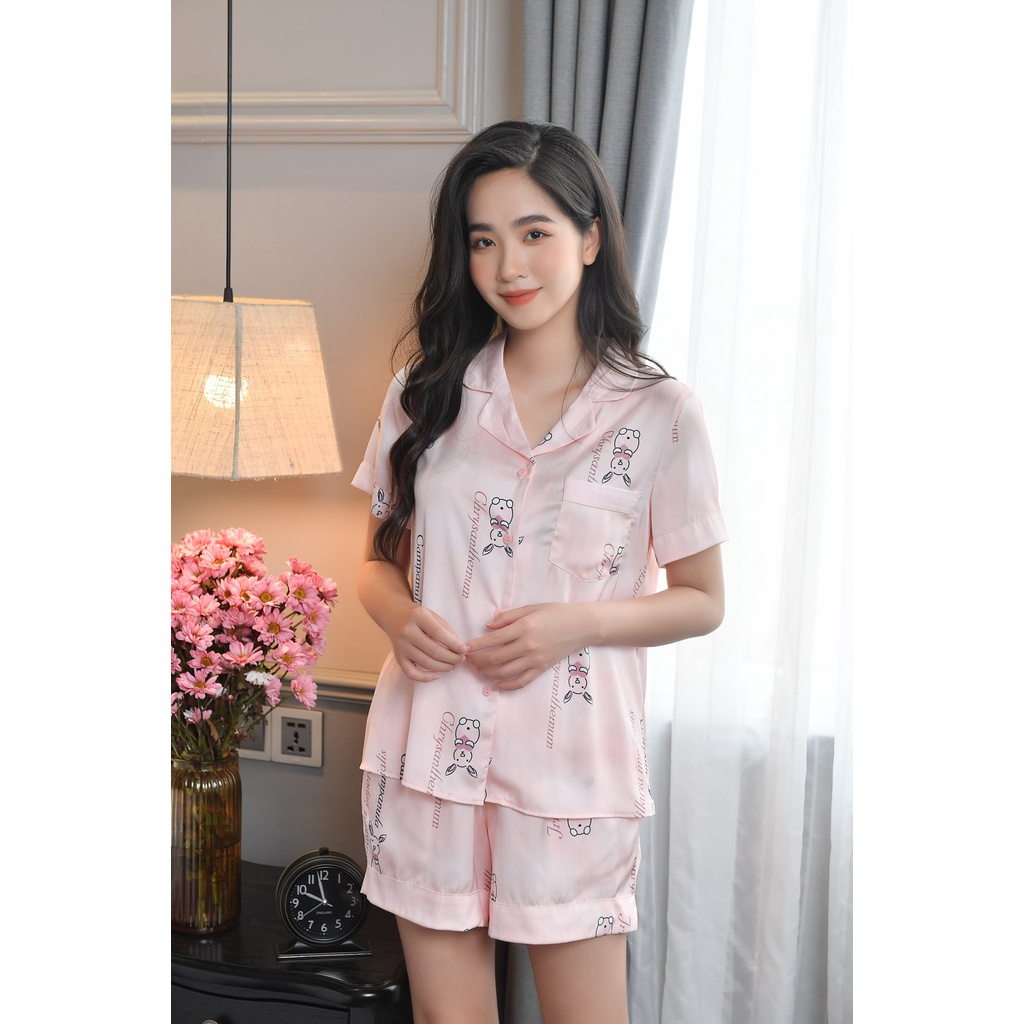 Bộ mặc nhà pyjama lụa cộc Tea Store họa tiết chữ hàng thiết kế