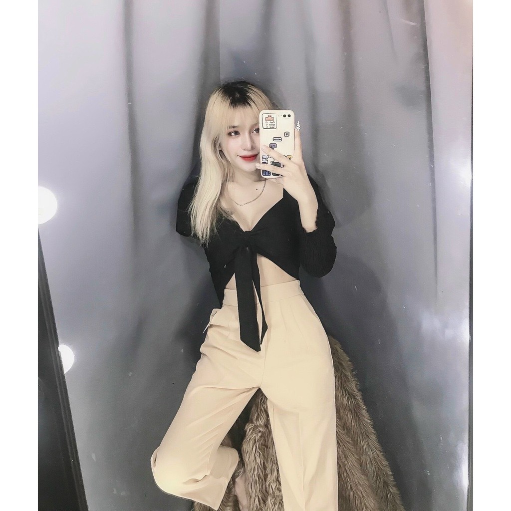 siêu xinh hot hit áo kiểu nơ ngực nhúm tay mix quần ống rộng cực xinh nè
