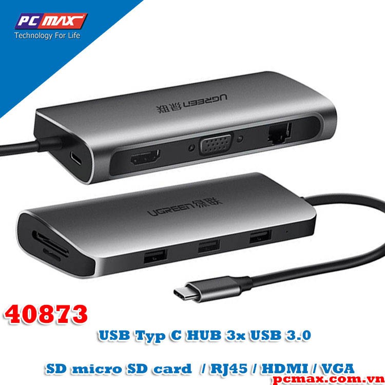 Hub USB type C sang USB 3.0, HDMI, LAN, typeC, SD card Ugreen 40873 - Hàng chính hãng