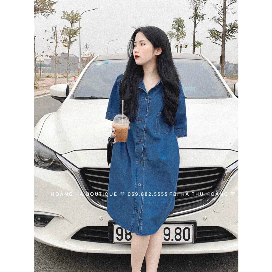 Váy xuông sơ mi bò trơn dáng dài tiểu thư màu đậm