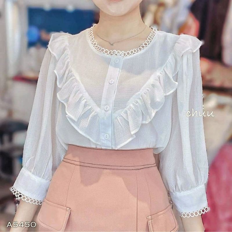 [ Mã WASTRUN4 giảm 10% tối đa 30K đơn 99K] Áo Sơ Mi Trắng Ngực Bèo V Cổ Viền Tròn CHUU A5450 | BigBuy360 - bigbuy360.vn