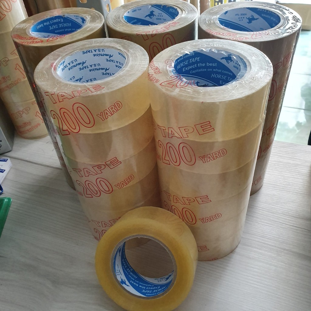 Băng keo siêu dính 200 yard cây 6 cuộn lõi 4li nặng 2kg giá rẻ 2 loại trong đục dán thùng