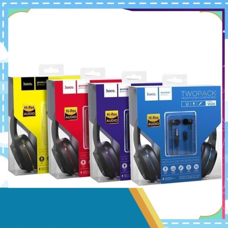Tai nghe chụp tai Hoco W24 có dây 3.5 tặng kèm tai nghe nhét tai cho laptop pc BH12 tháng