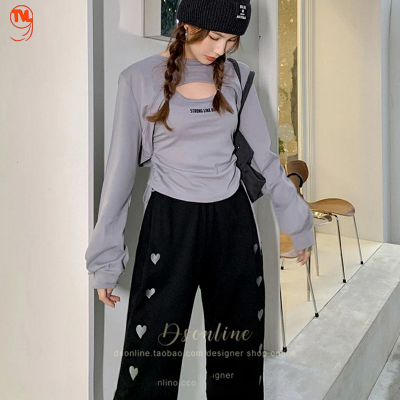 Quần jogger nữ họa tiết tim, quần dài nữ ống rộng eo chun bo gấu phong cách Hàn Quốc họa tiết in nhiệt 5D.