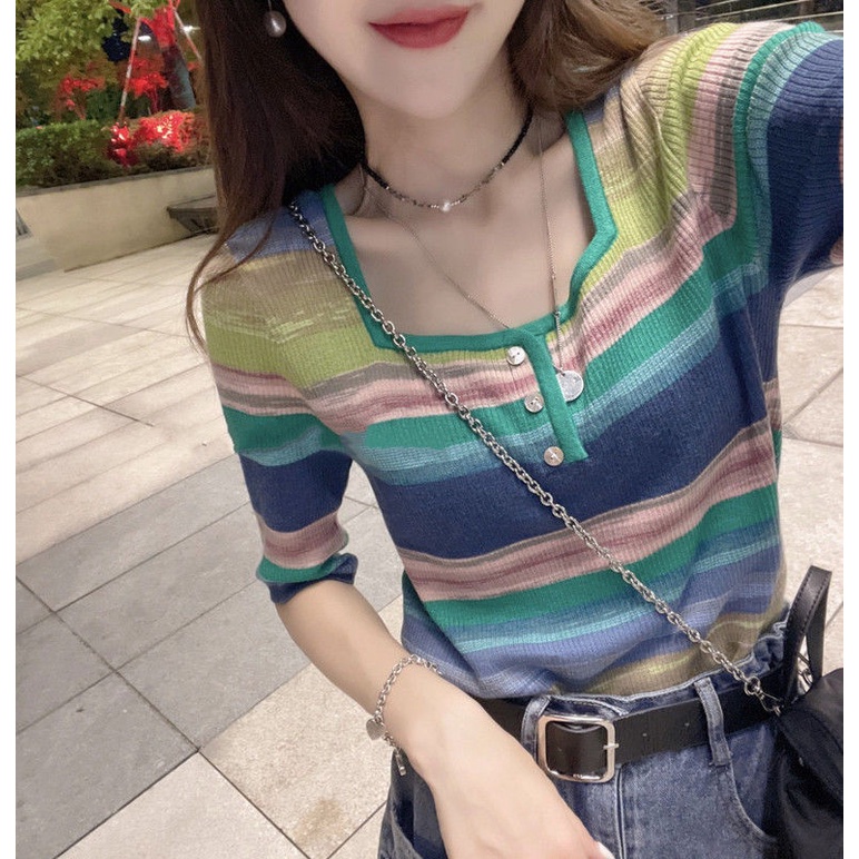 COZOK Áo Thun Dệt Kim Ngắn Tay Cổ Vuông Họa Tiết Sọc Cầu Vồng Cá Tính