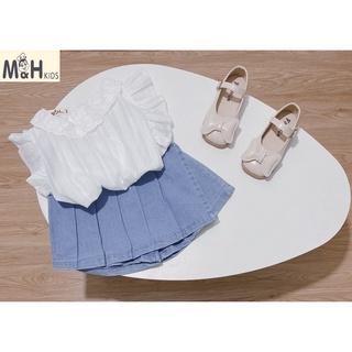 Set áo phối ren cổ - quần bò giả váy xếp li