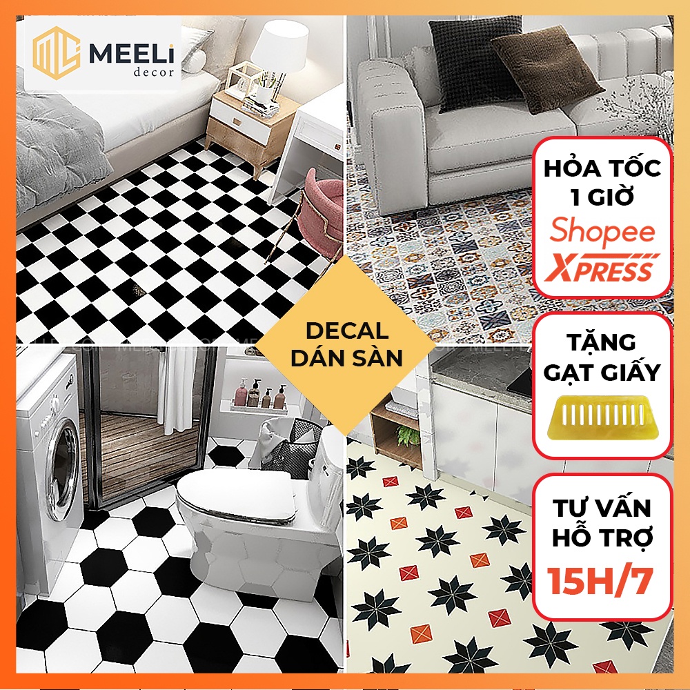 Decal dán sàn vệ sinh, nhà bếp, sẵn keo dễ dán, loại dày chống thấm nước, kt 3m x 60cm, ME21 - Meeli Decor