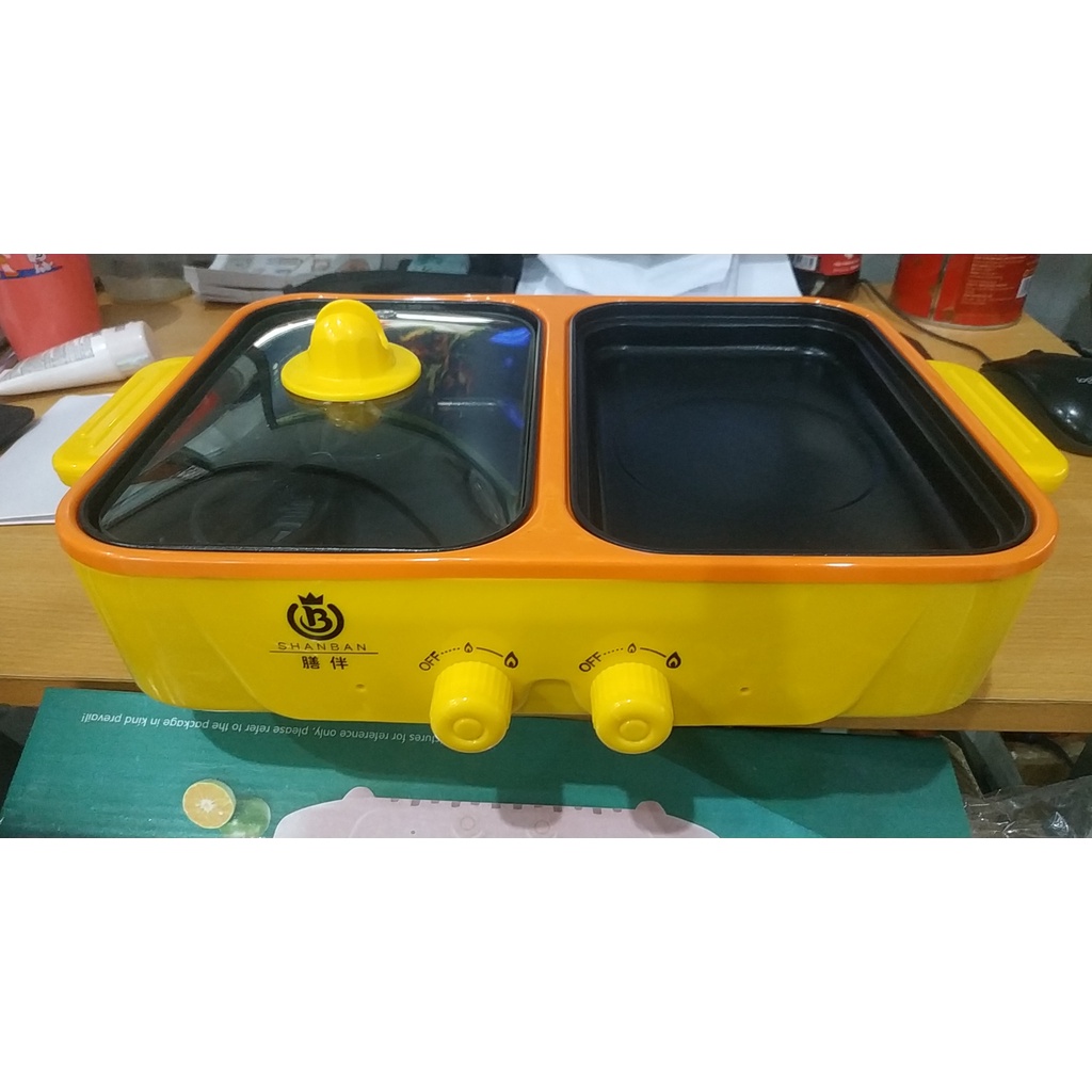 Bếp lẩu nướng 2 ngăn mini SHANBAN, 2 ngăn chống dính hiệu quả, 2 chế độ điều chỉnh nhiệt