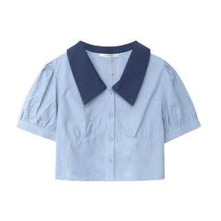 Áo sơ mi xanh tay ngắn dáng croptop