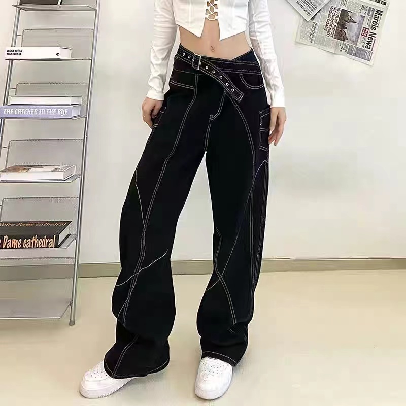 Honypove Quần Jean Dài Lưng Cao Dáng Suông Phối Nút Thời Trang Đường Phố Cá Tính Cho Nữ