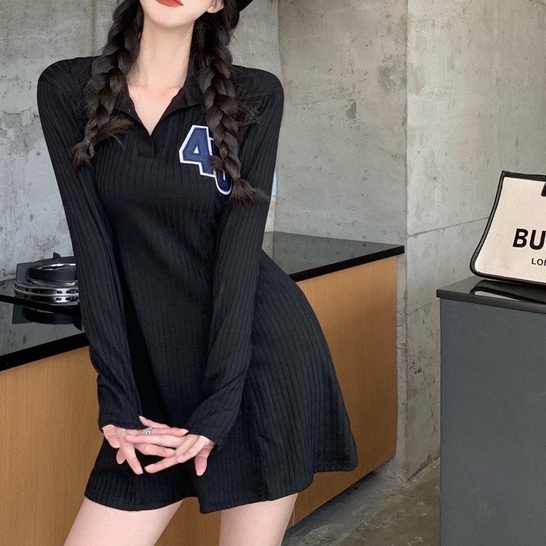 Váy Thun Tăm Polo Dài Tay Đầm Xoè Cổ Sơ Mi Thêu Số 45 Dáng Bassic Sexy Hàn Quốc | BigBuy360 - bigbuy360.vn