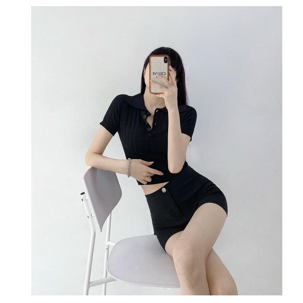 Áo len dệt kim croptop cổ đức cài khuy
