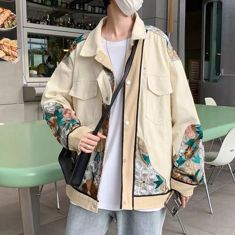 Áo Khoác Denim Kaki Dáng Rộng Thêu Họa Tiết Cổ Điển Thời Trang Xuân Thu Cho Nam