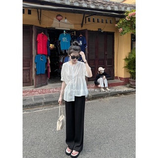 Áo sơmi babydoll vạt lệch chất thô hàn
