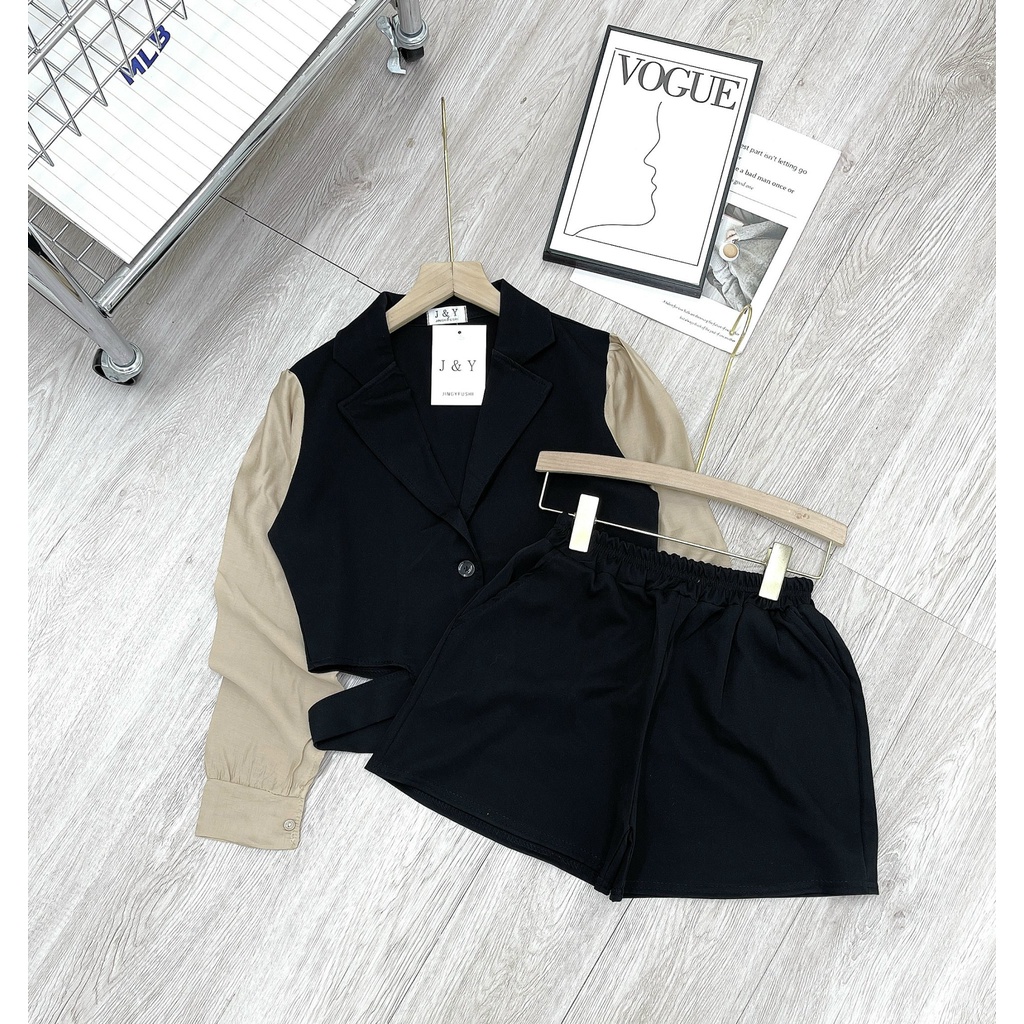 Set vest phối tay sơ mi tơ đai liền chất tuyết mưa mềm đẹp lên dáng xinh