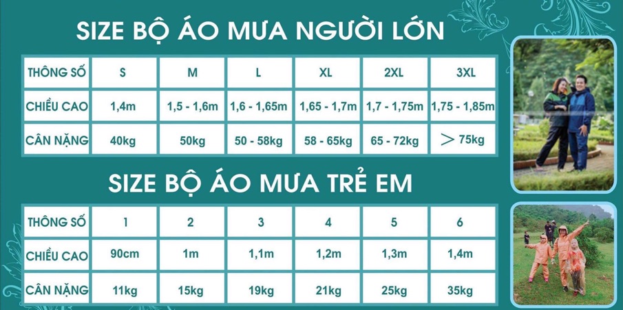 Bộ áo mưa trẻ em chống thấm cao cấp Khánh Chi (bảng size theo cân nặng chiều cao ở hình bên cạnh)