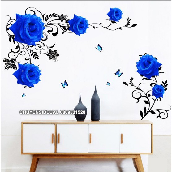 Decal dán tường - Hoa Hồng Xanh 3D ( 2 tấm )