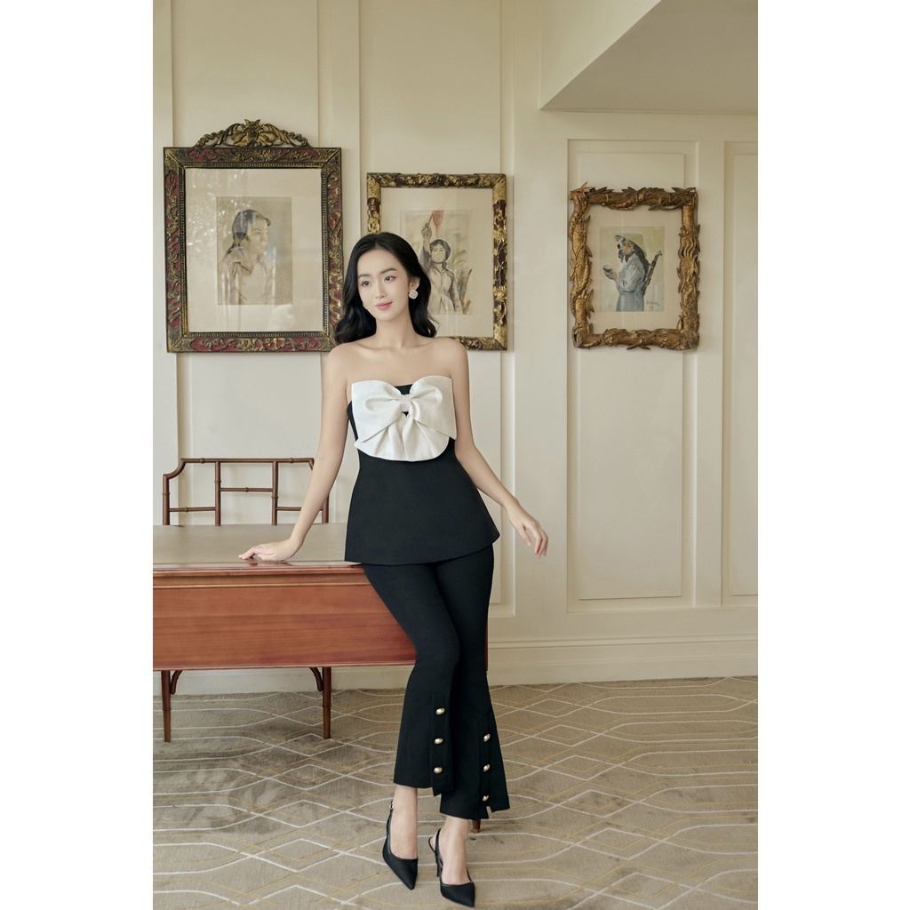 Áo Tweed cúp ngực đen phối nơ trắng kẻ nhũ Norah top by MARGERIE