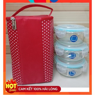 Bộ 3 hộp đựng cơm thủy tinh cao cấp PRAHA 400ml tặng kèm túi giữ nhiệt