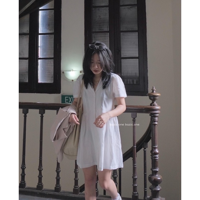 Váy babydoll cổ vest dáng trên gối, váy babydoll xoè nhẹ chiết eo Bazic one