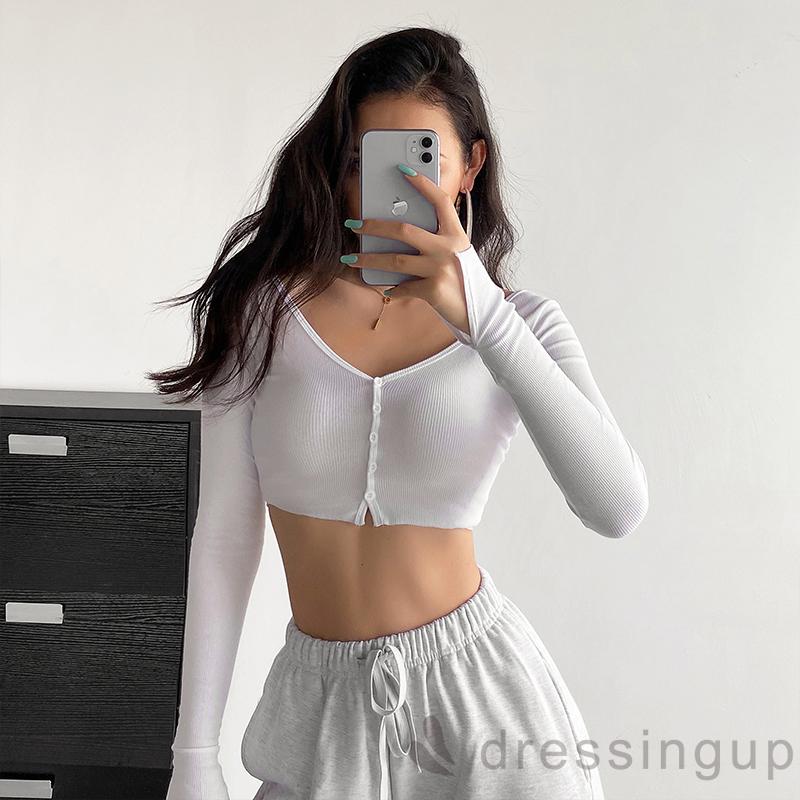  Áo dài tay nữ cổ V phối nút cài | BigBuy360 - bigbuy360.vn