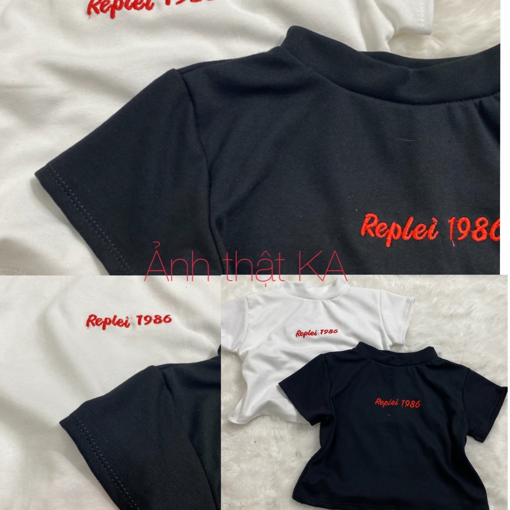 Áo croptop cổ cao 1986, KA Closet Chất Bozip Cotton, 2 màu Đen, Trắng, Chữ thêu, mẫu dáng mới 2021