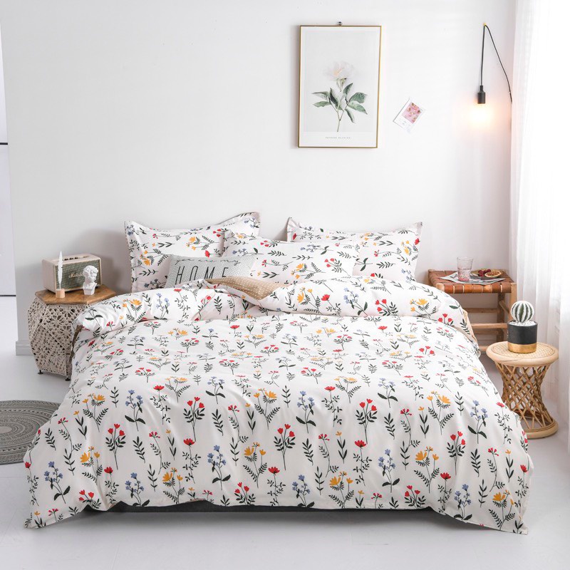 Bộ chăn ga giường cotton poly SUHALI họa tiết hoa lá mẫu mới 2021 gồm vỏ chăn mền, drap nệm và 2 vỏ gối