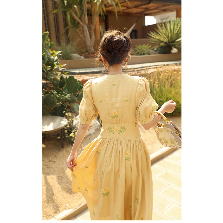 Đầm Dài Trung Bình In Họa Tiết Hoa Hồng Vàng Phong Cách Retro Pháp Cao Cấp Cho Nữ