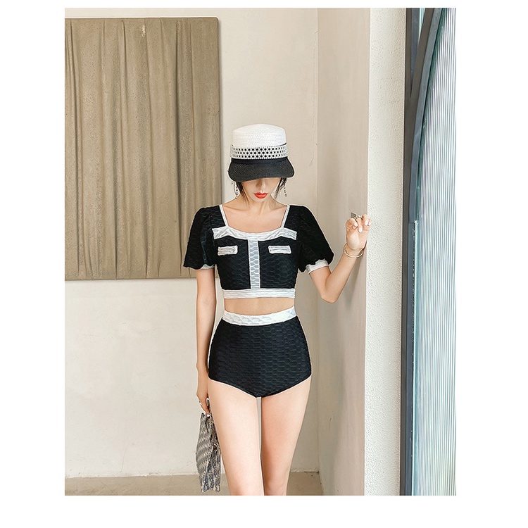 (Mẫu mới 2023) Bikini đồ bơi 2 mảnh Hàn Quốc đen trắng sang trọng nổi bật quần lưng cao tôn dáng