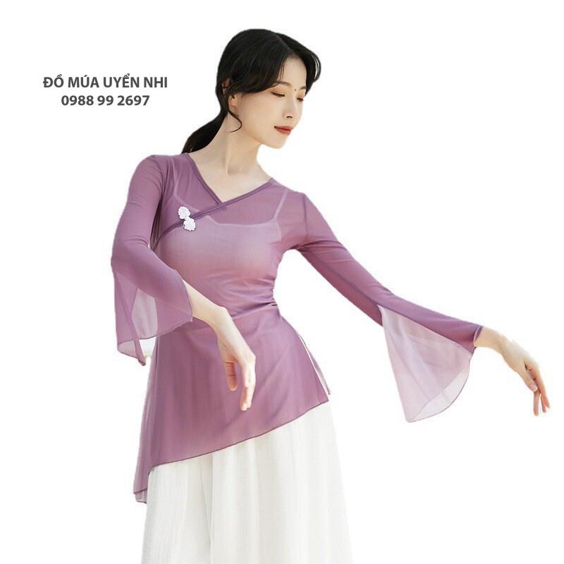 Áo lưới tập múa cổ trang, tập yoga tay loe xẻ, vạt chéo phối màu  - Đồ Múa Bảo Châu