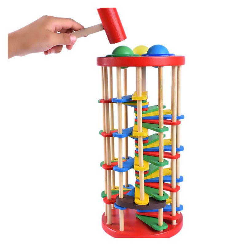Đồ Chơi Gỗ Montessori, Đồ Chơi Đập Bóng Lốc Xoáy Cầu Thang Cho Bé