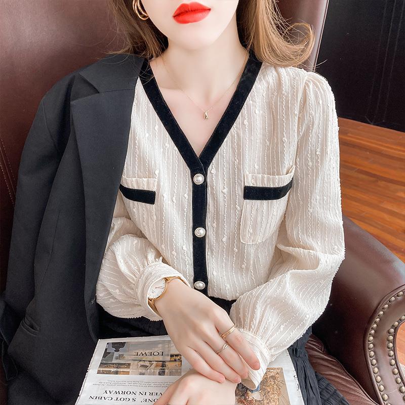 Áo sơ mi cổ chữ V phối ren thời trang thu đông hàng mới 2021