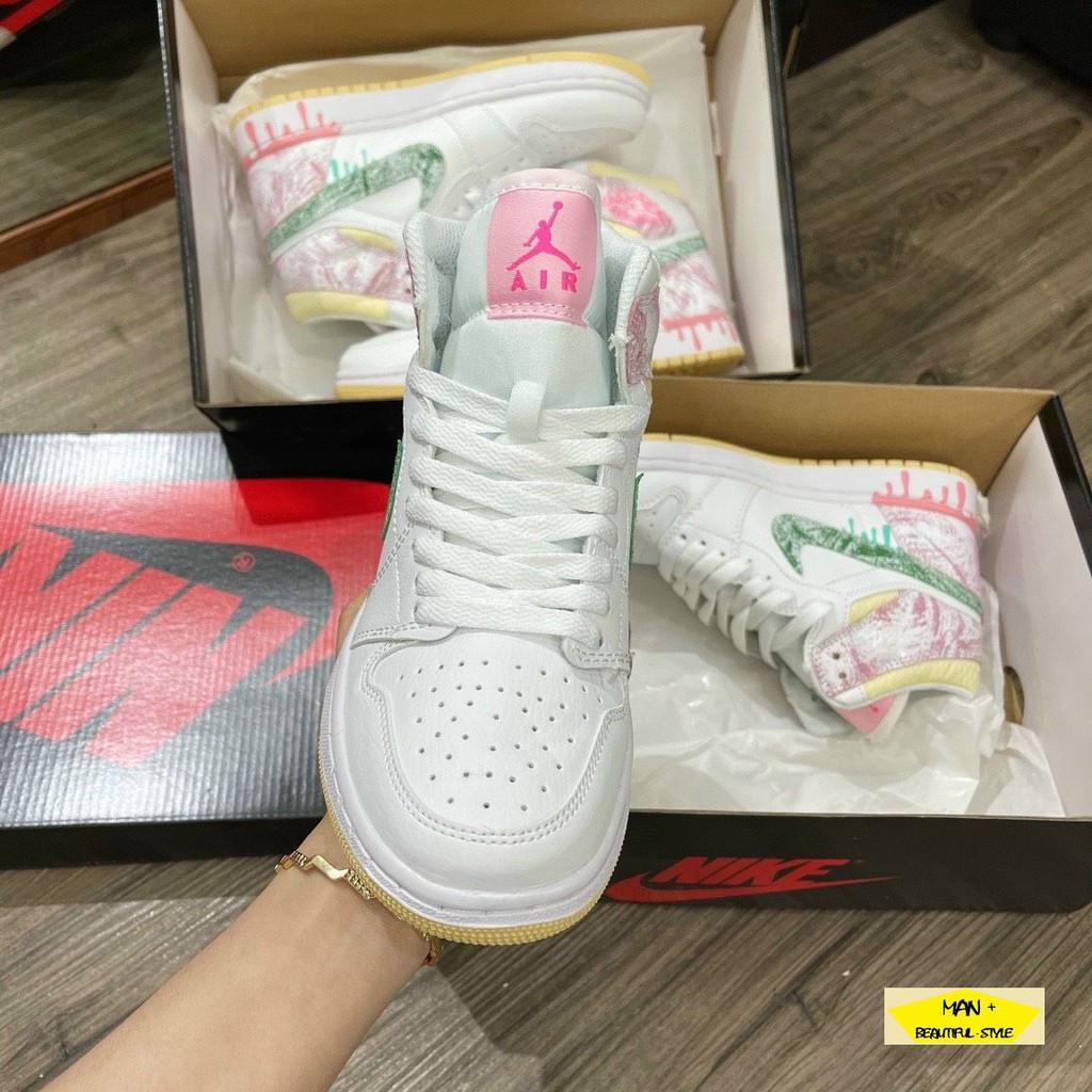 Giày thể thao Air Jordan 1 Mid Paint Drip (GS) vẩy sơn hồng cổ cao siêu hot, cá tính dành cho nữ ( SALE CỰC SỐC )