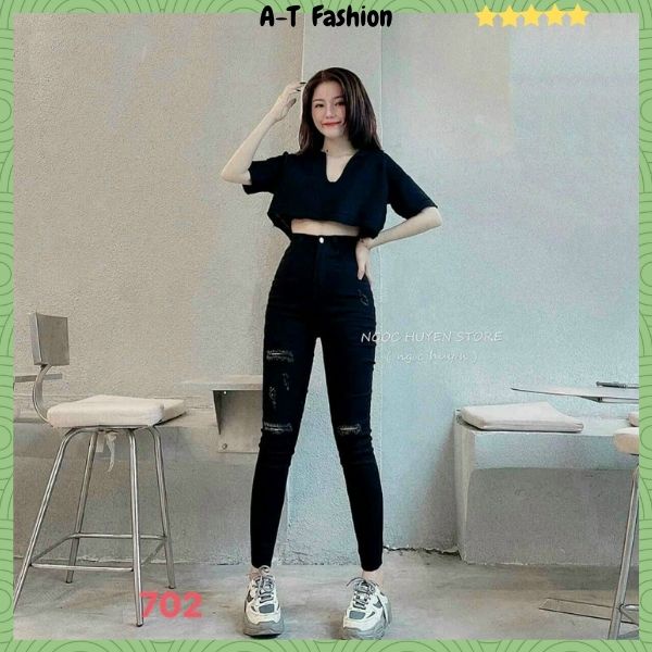 Quần jean nữ lưng cao co giãn phối rách cá tính ❤️A-T Fashion❤️ Quần bò cạp cao bigsize skinny jeans tôn dáng - QJNU702