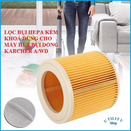 Set 2 lọc bụi HEPA kèm khoá sử dụng cho máy hút bụi gia đình KARCHER A/WD WD2 WD3 MV2 MV3 A2004 A205