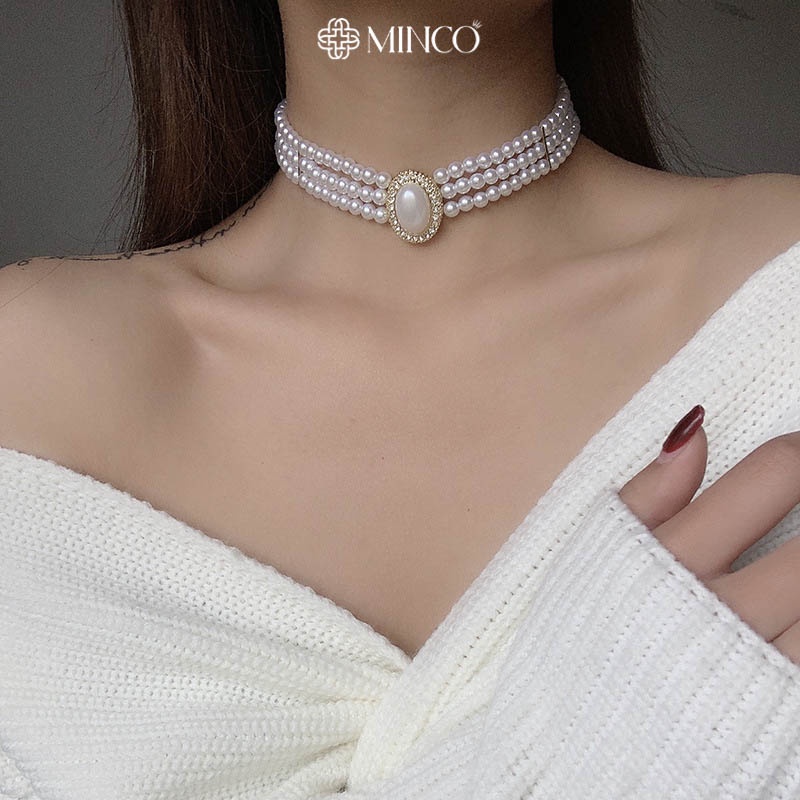 Dây chuyền nữ choker đính đá gắn ngọc châu nhân tạo Minco Accessories Vòng cổ Nữ Dự Tiệc Lễ hội sang Trọng Quý phái DT46