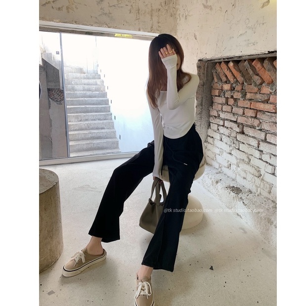 Quần Thể Thao Nữ Lưng Cao Ống Rộng Phong Cách Hàn Quốc