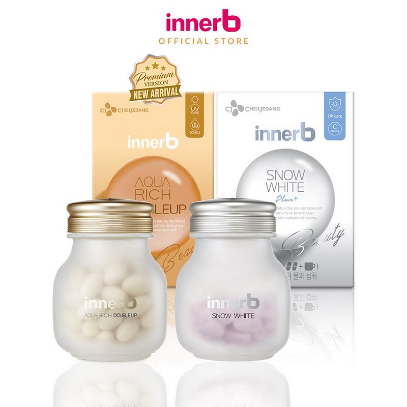 Bộ đôi thực phẩm bảo vệ sức khỏe InnerB Aqua Rich Doubleup (56 viên) & InnerB Snow White (28G 20EA/CT)